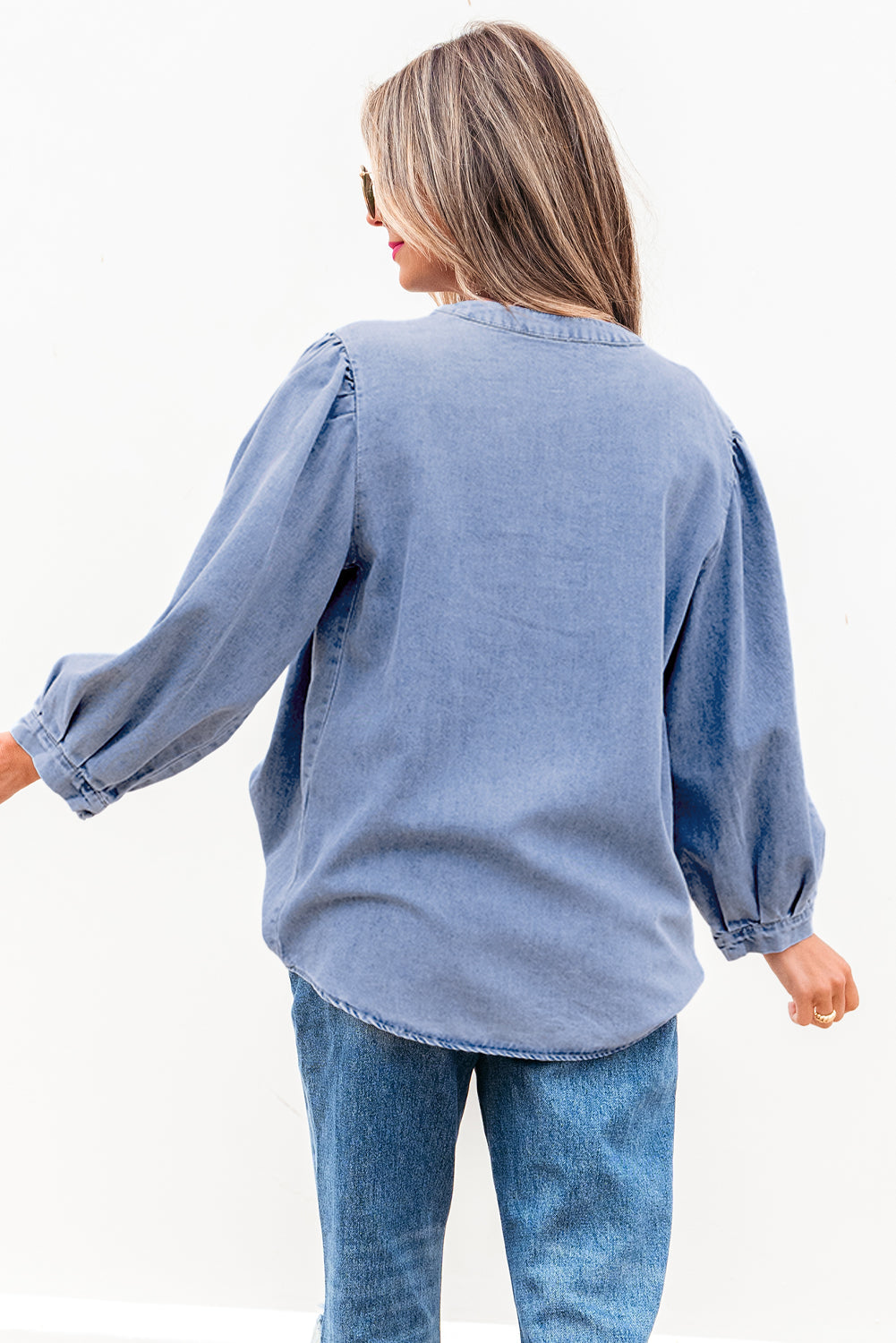 Myosotis Denim Front Pintuck Bow Tie Puff Sleeve Top Kittybear Krafts