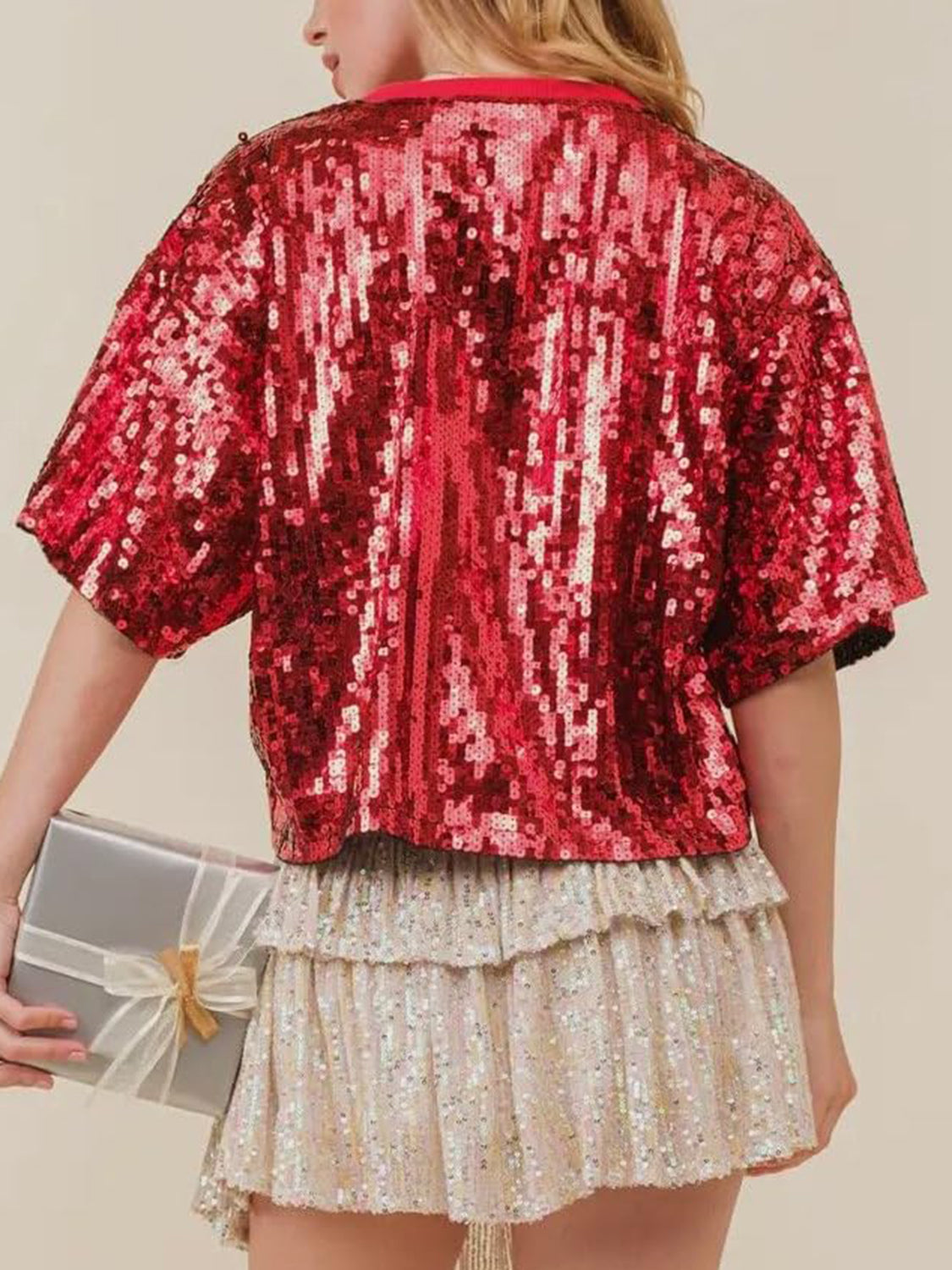 Sequin Bow Graphic Round Neck Half Sleeve Christmas Top Trendsi