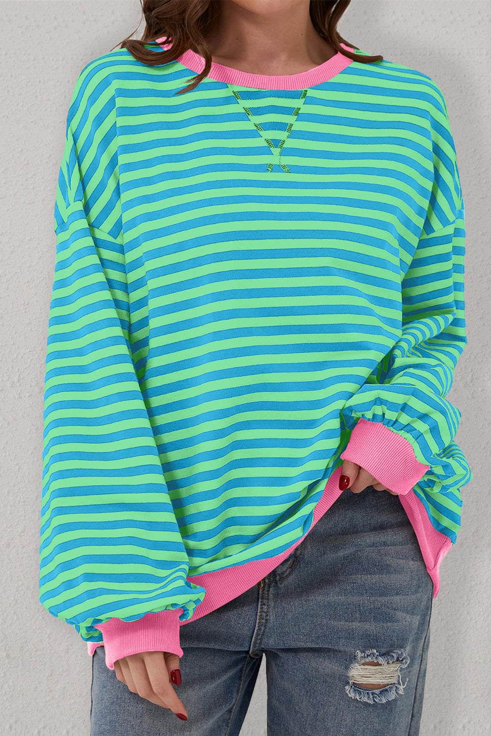 Sky Blue Stripe Oversized Contrast Trim Pullover Sweatshirt Kittybear Krafts