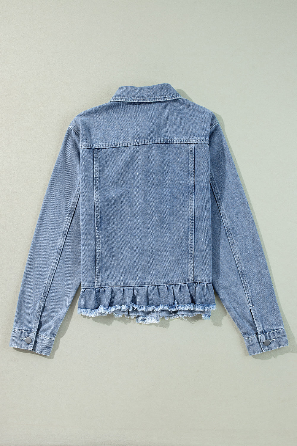 Beau Blue Ruffle Raw Hem Flap Pockets Denim Jacket Kittybear Krafts