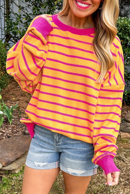 Orange Stripe Trimmed Round Neck Drop Shoulder Loose Sweater Kittybear Krafts
