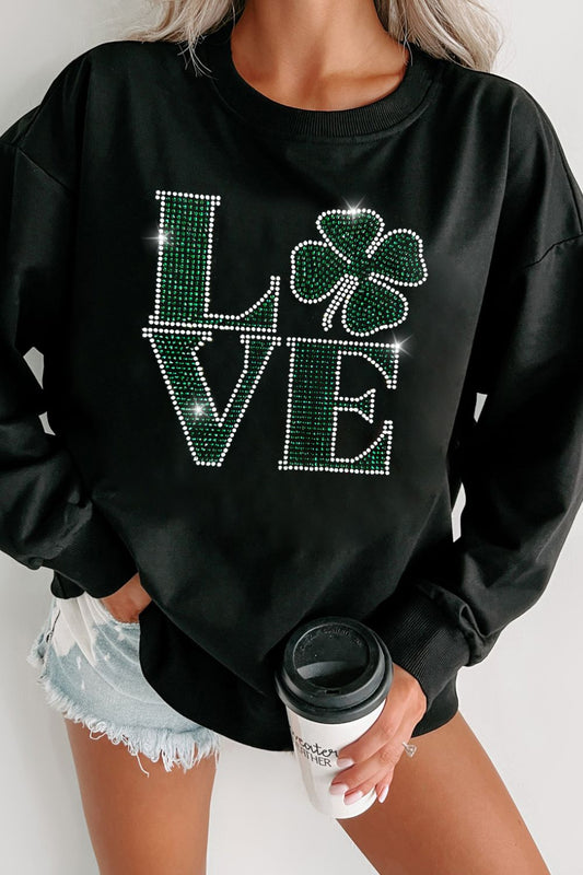 LOVE Rhinestone Clover Round Neck St. Patrick's Day Sweat shirt Trendsi
