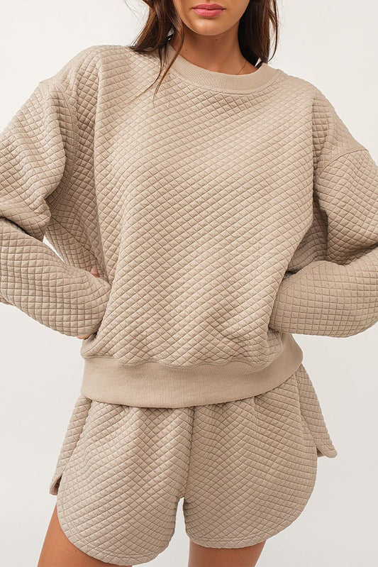 Parchment Solid Color Quilted Long Sleeve Top and Shorts Set Kittybear Krafts