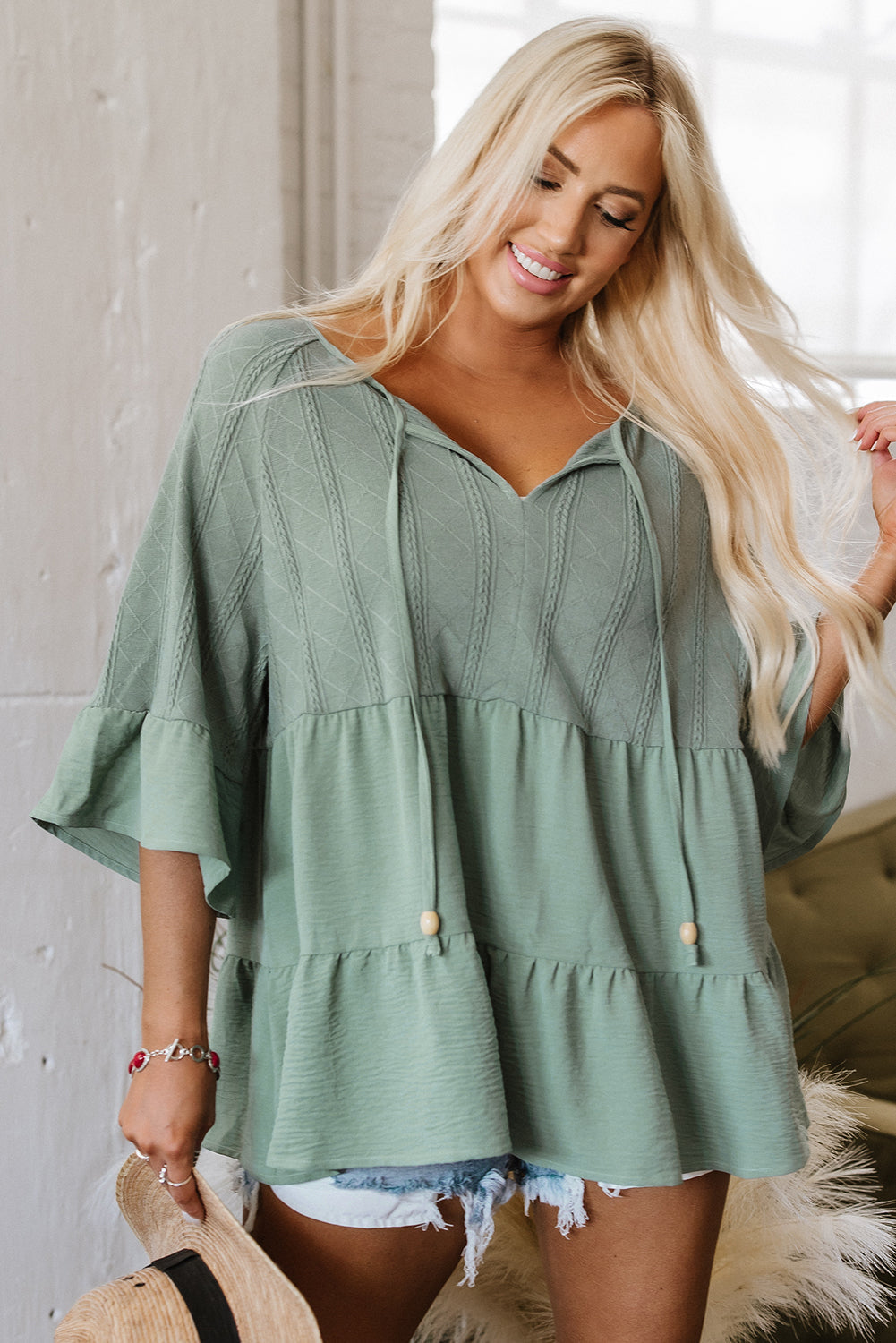 Laurel Green Tie Split Neck Textured Ruffle Patchwork Blouse Kittybear Krafts