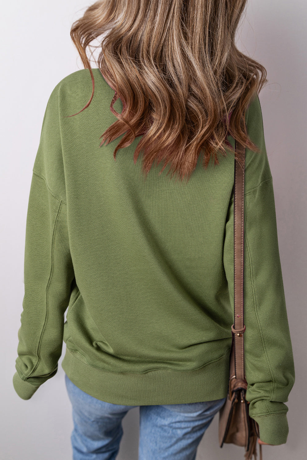 Vineyard Green Drop Shoulder Crisscross Stitching Pocketed Loose Oversized Sweatshirt Kittybear Krafts