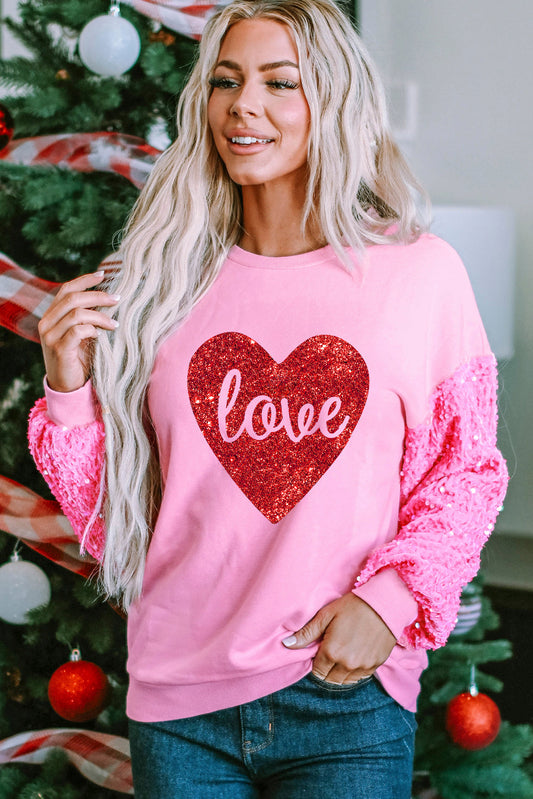 Pink Shiny Heart Shape love Print Sequined Sleeve Sweatshirt Kittybear Krafts