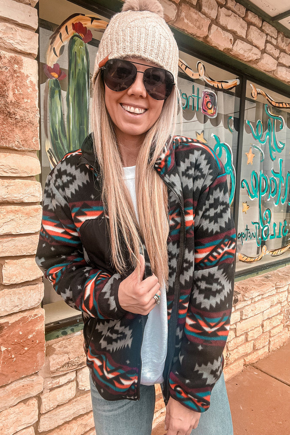 Black Aztec Printed Zip Up Collar Jacket Kittybear Krafts