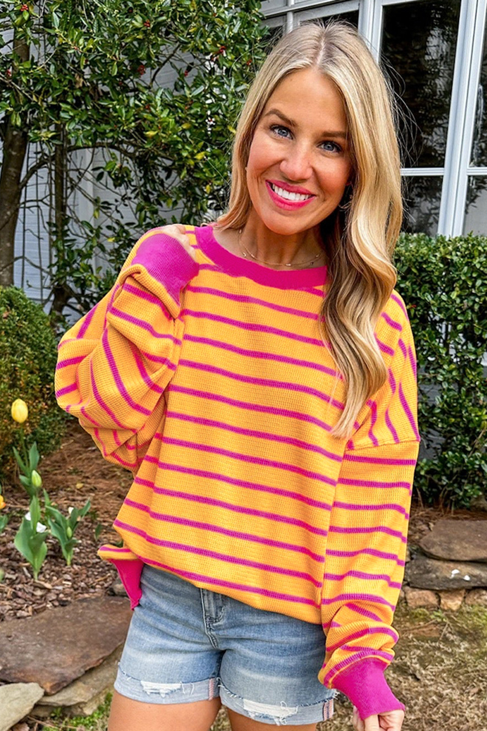 Orange Stripe Trimmed Round Neck Drop Shoulder Loose Sweater Kittybear Krafts
