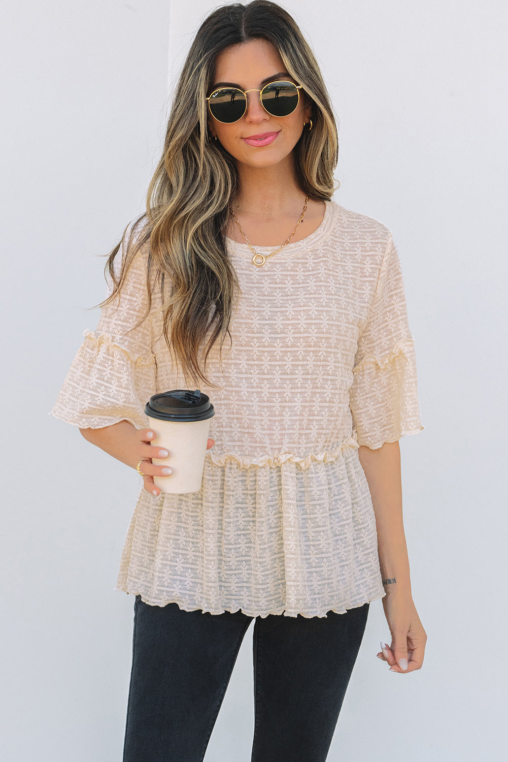 Beige Solid Color Textured Ruffled Short Sleeve Blouse Kittybear Krafts