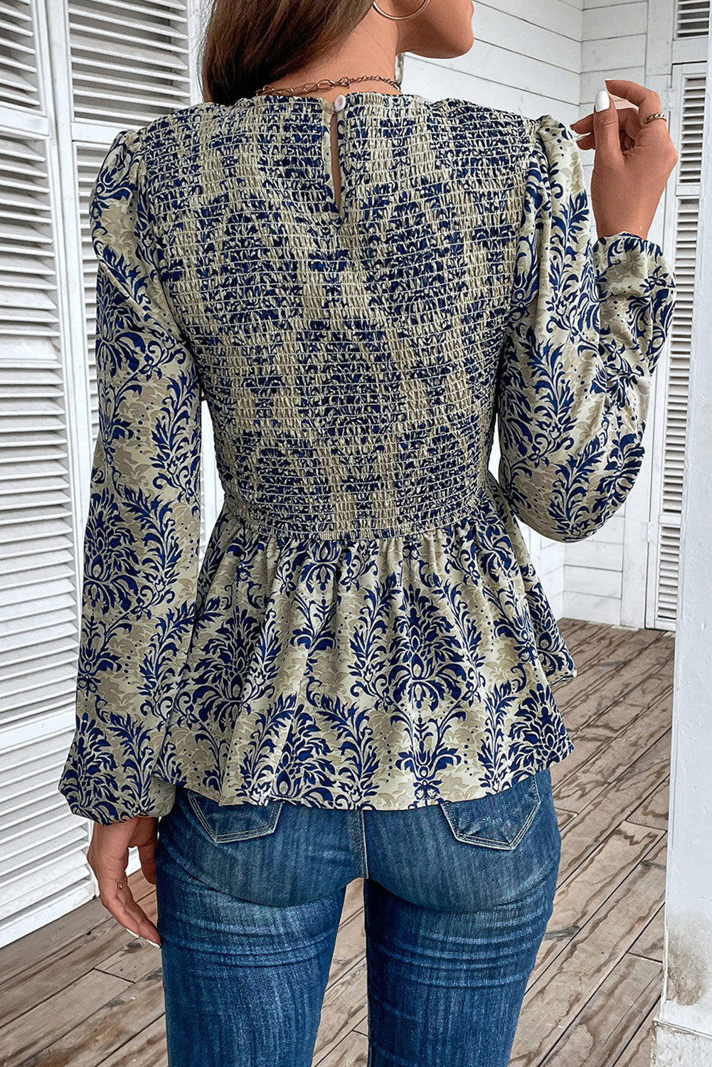 Blue Boho Printed Balloon Sleeve Smocked Peplum Blouse Kittybear Krafts