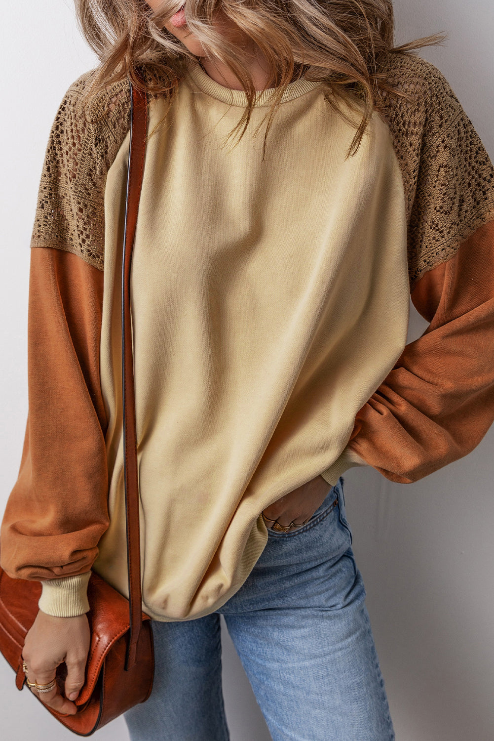 Khaki Lace Patchwork Colorblock Drop Shoulder Oversized Sweatshirt Kittybear Krafts