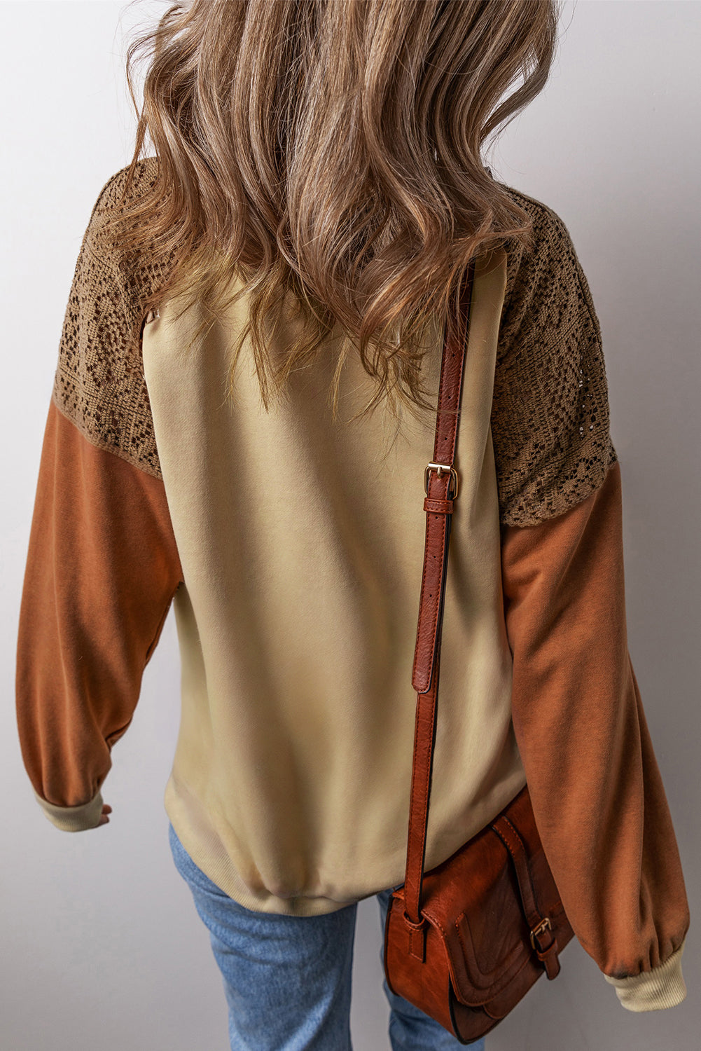 Khaki Lace Patchwork Colorblock Drop Shoulder Oversized Sweatshirt Kittybear Krafts