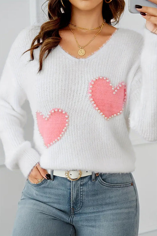 White Pearl Beaded Heart Pattern Fuzzy V Neck Sweater Kittybear Krafts
