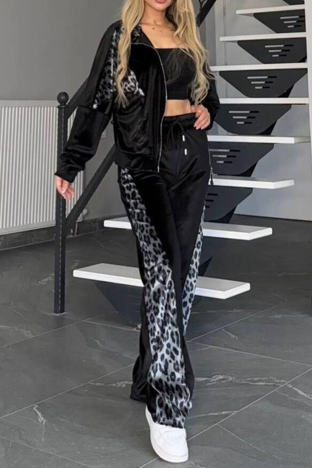Full Size Collared Neck Leopard Zip Up Top and Pants Loungewear Set