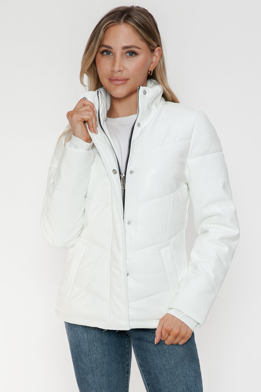 Snobbish Pocketed Zip Up White Turtleneck Puffer Jacket Trendsi