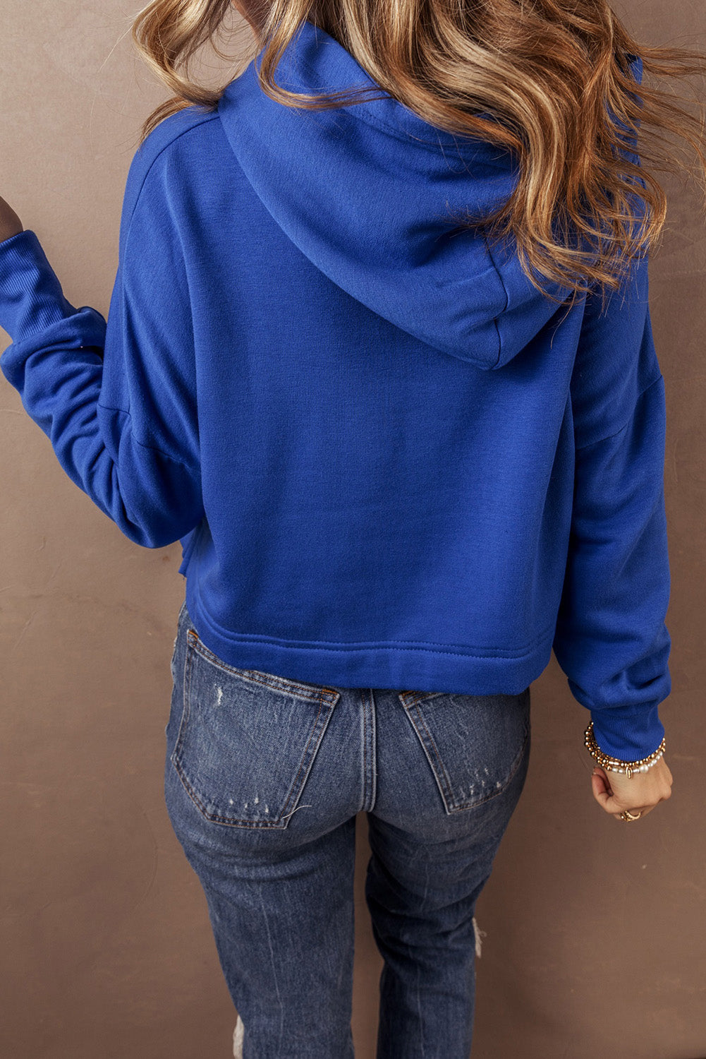 Dark Blue Solid Drop Shoulder Drawstring Cropped Hoodie Kittybear Krafts