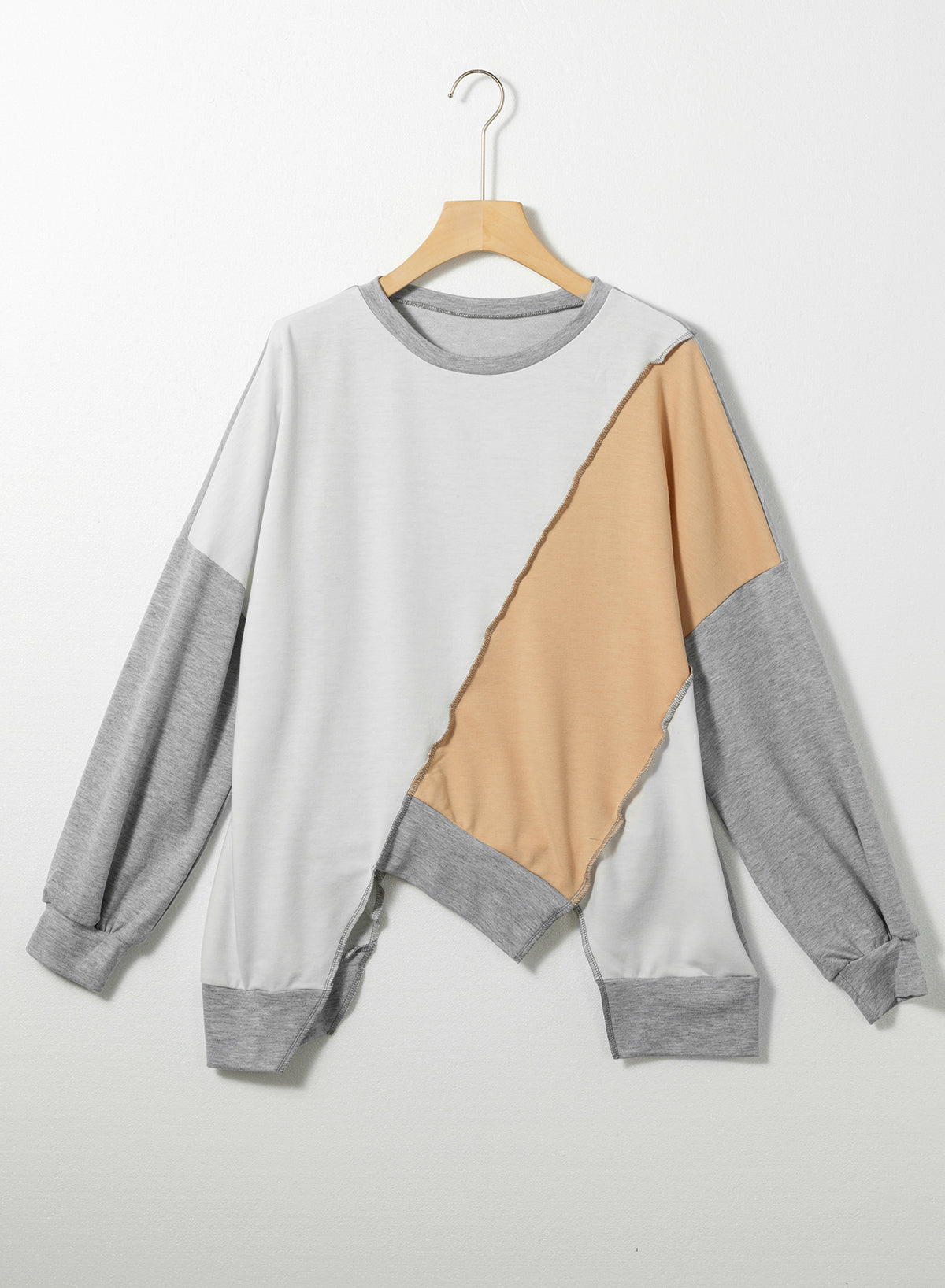 Light French Beige Colorblock Stitching Irregular Hem Long Sleeve Top Kittybear Krafts