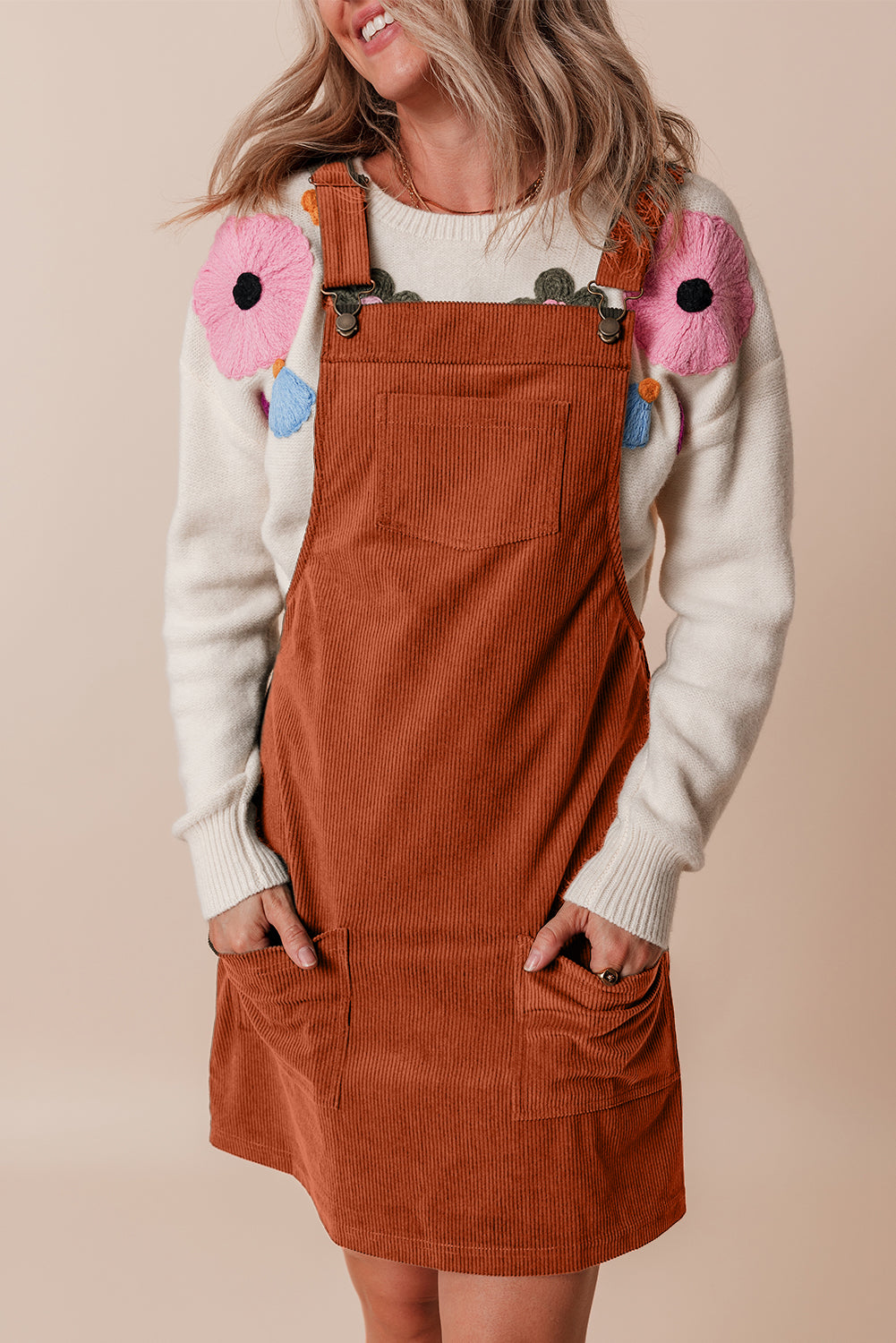 Cinnamon Solid Front Pockets Sleeveless Corduroy Overall Dress Kittybear Krafts