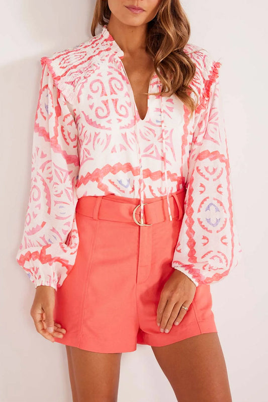 Desert Flower Vintage Print Smocked Poet Collar Billowy Blouson Sleeves Blouse Kittybear Krafts