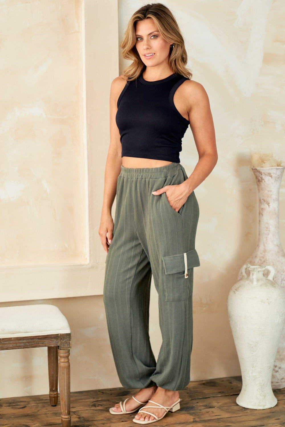 Hailey & Co Olive Textured Rib Cargo Pants Trendsi