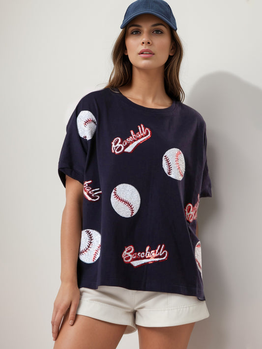 Sequin Baseball Round Neck Half Sleeve T-Shirt - Kittybear Krafts