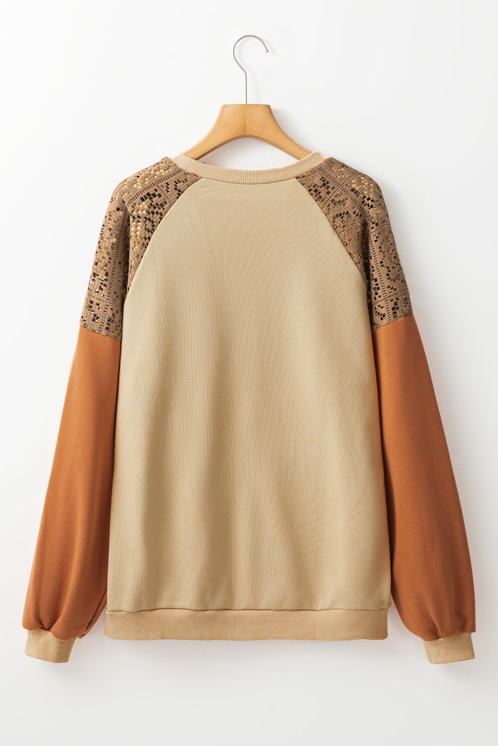 Khaki Lace Patchwork Colorblock Drop Shoulder Oversized Sweatshirt Kittybear Krafts