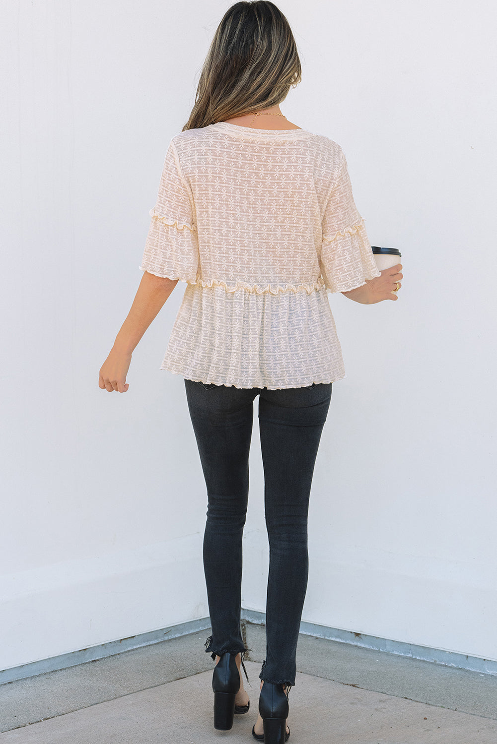 Beige Solid Color Textured Ruffled Short Sleeve Blouse Kittybear Krafts