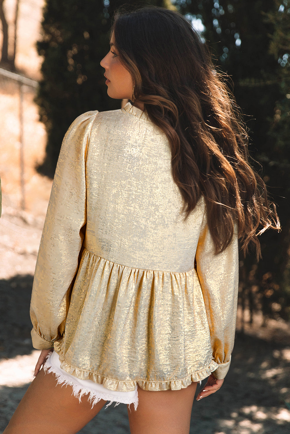 Gold Metallic Frilled V Neck Puff Sleeve Babydoll Blouse Kittybear Krafts