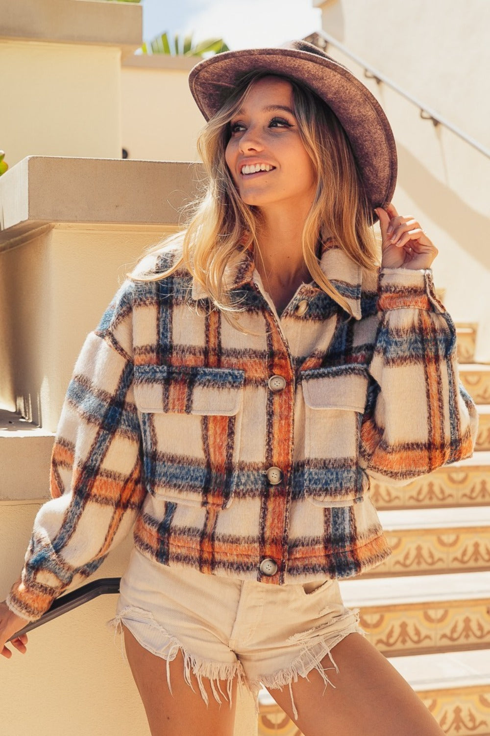 BiBi Brushed Plaid Crop Jacket with Pockets - Kittybear Krafts