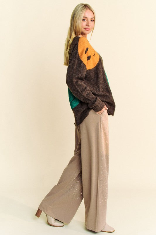 Davi & Dani Contrast Smile Round Neck Oversize Sweater Top Trendsi