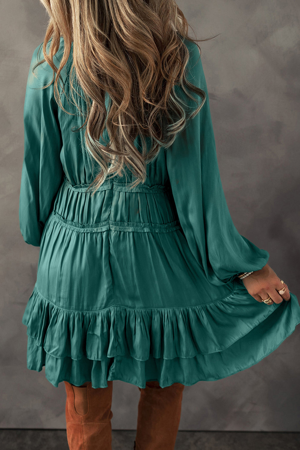 Mist Green Tiered Ruffled Puff Sleeve Loose Fit Mini Dress Kittybear Krafts