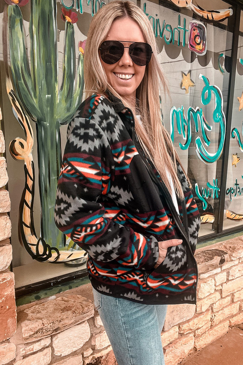 Black Aztec Printed Zip Up Collar Jacket Kittybear Krafts