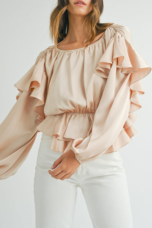 Oatmeal Lace-up Keyhole Back Ruffled Peplum Blouse Kittybear Krafts