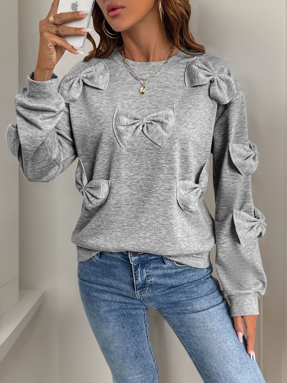 Perfee Bow Round Neck Long Sleeve Sweatshirt Trendsi