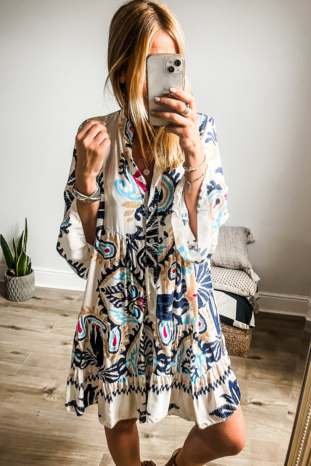 White Printed Tribal Bracelet Sleeve Buttoned Mini Dress Kittybear Krafts