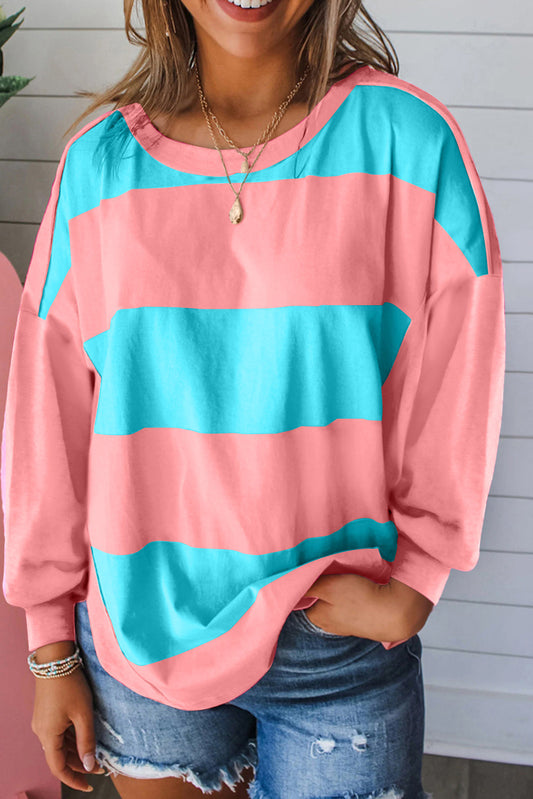 Light Blue Colorblock Striped Drop Shoulder Loose Top Kittybear Krafts