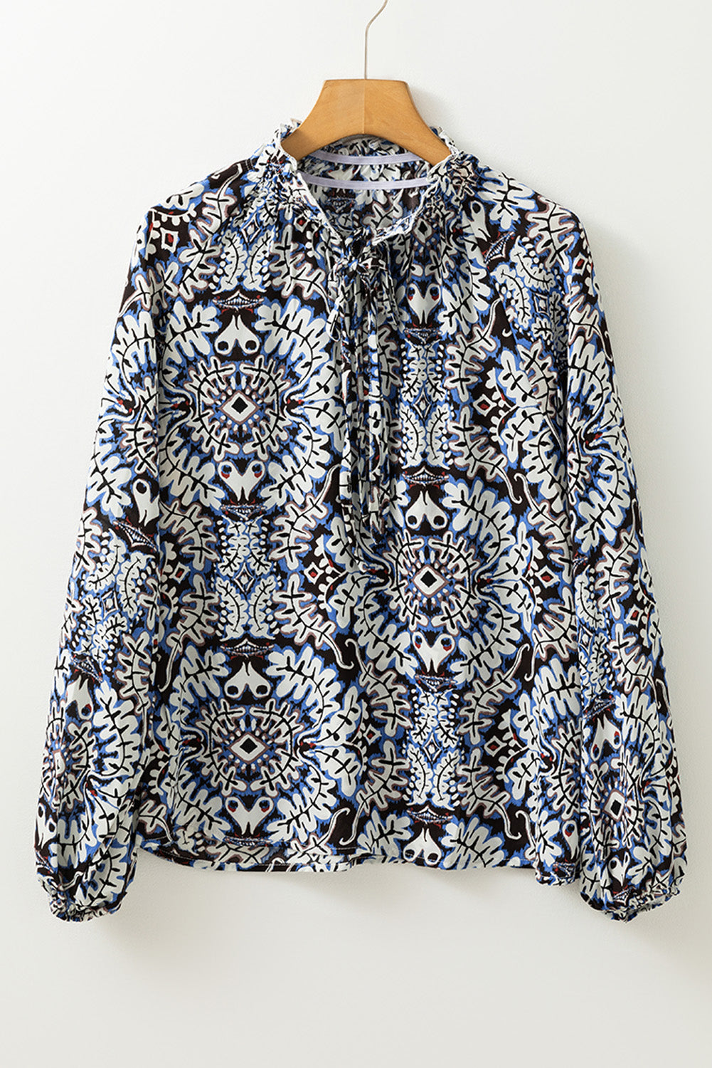 Blue Tribal Print Lace-up Frilled Neck Puff Sleeve Blouse Kittybear Krafts