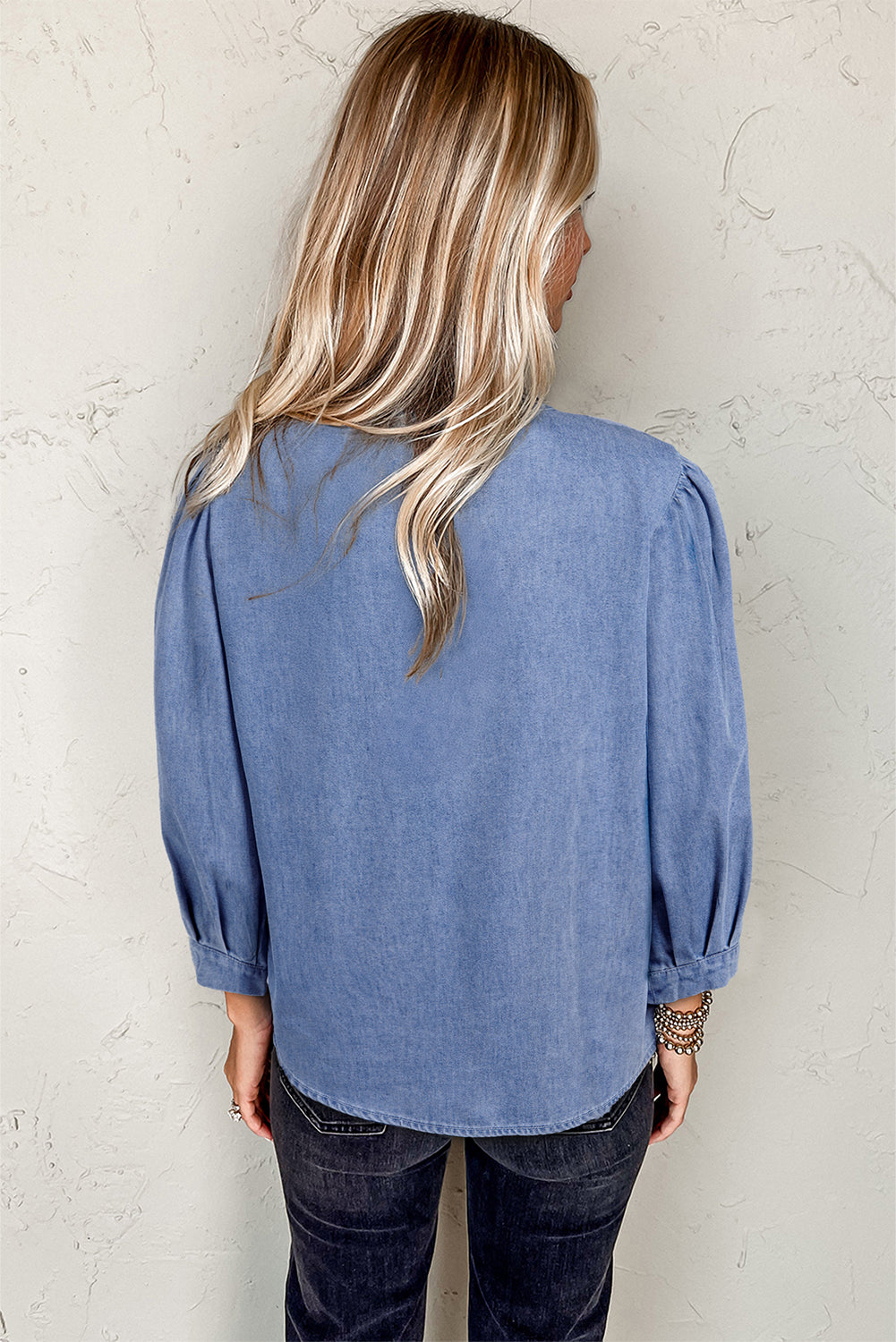 Myosotis Denim Front Pintuck Bow Tie Puff Sleeve Top Kittybear Krafts