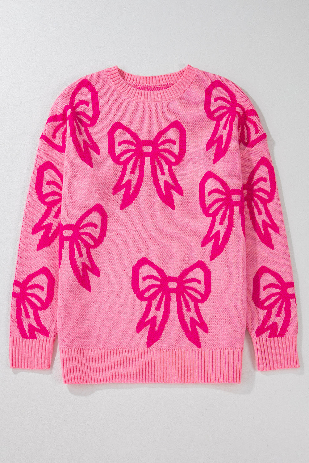 Pink Bow Pattern Drop Shoulder Loose Sweater Kittybear Krafts