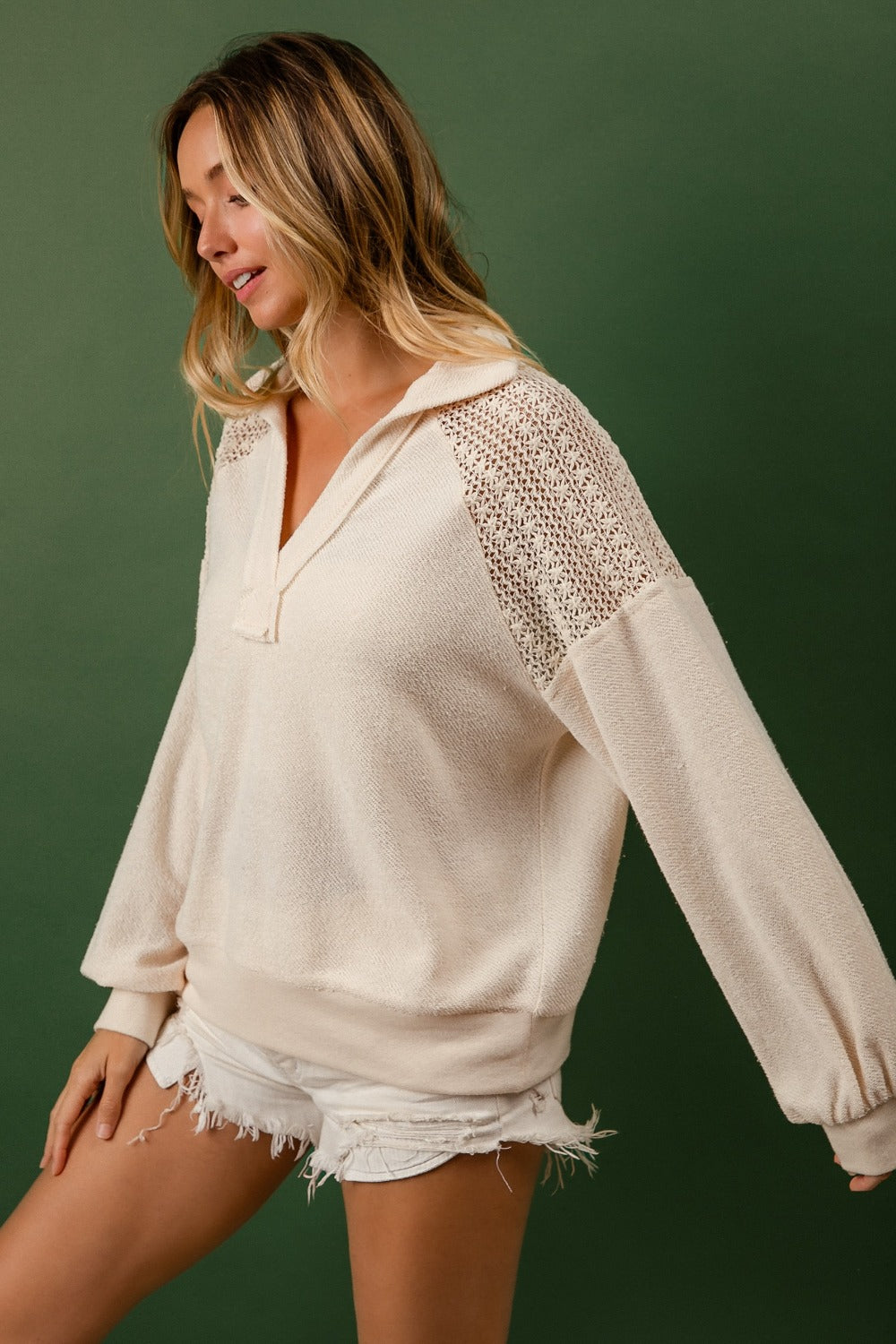 BiBi French Terry Lace Shoulder Pullover Sweatshirt Top - Kittybear Krafts