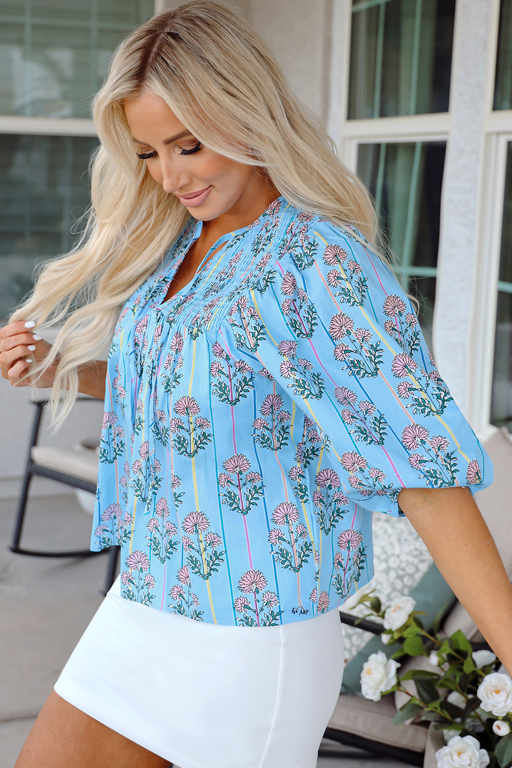 Sky Blue Floral Striped Print Shirred Yoke Split Neck Blouse Kittybear Krafts