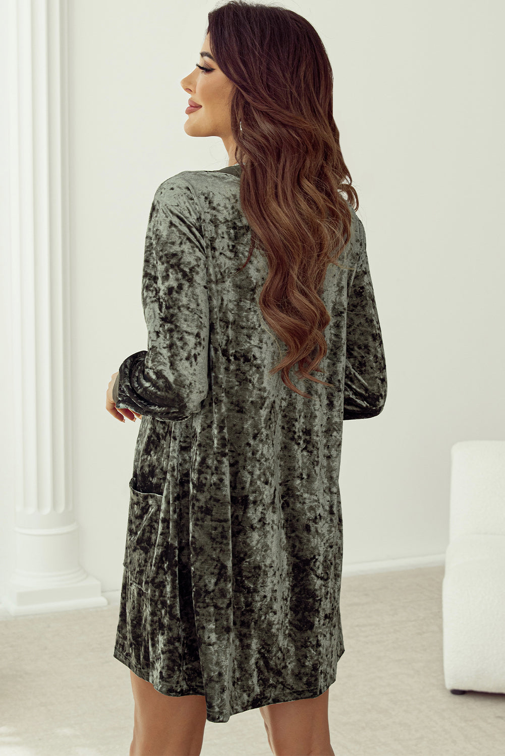 Jungle Green Velvet Long Sleeve V Neck Loose Dress with Pockets Kittybear Krafts