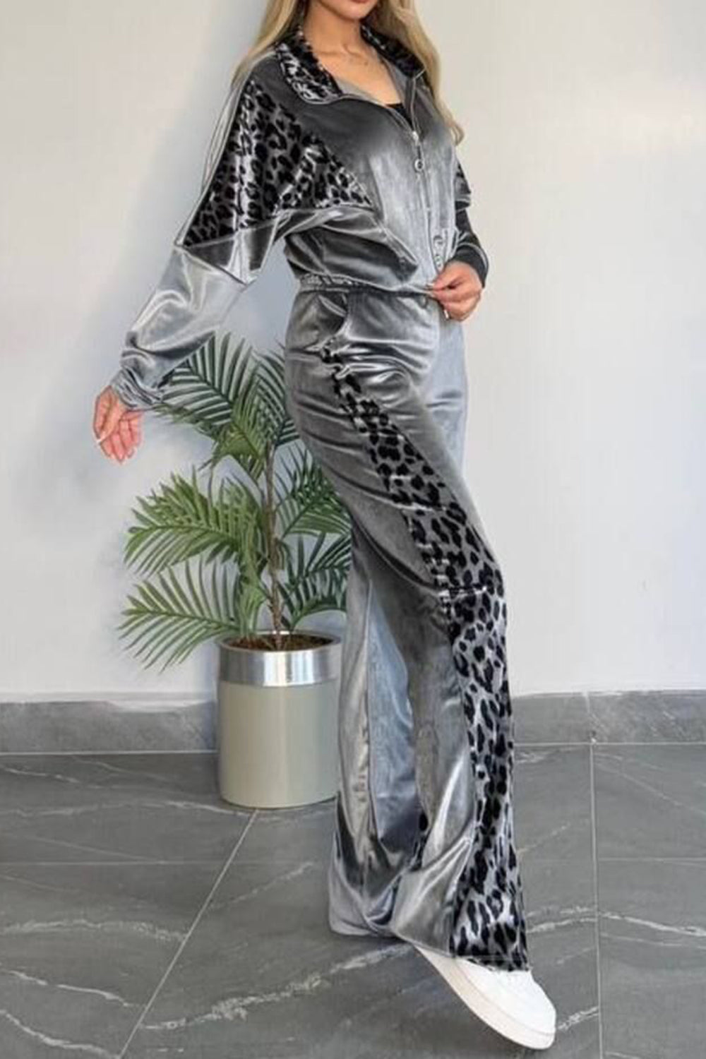 Full Size Collared Neck Leopard Zip Up Top and Pants Loungewear Set
