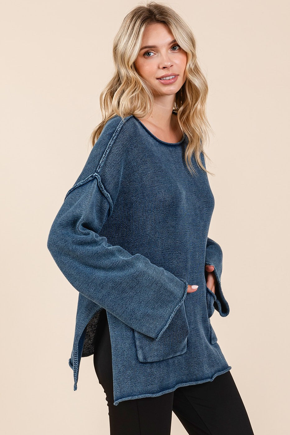 Mineral Wash Patch Pocket Cut Edge Sweatshirt Trendsi