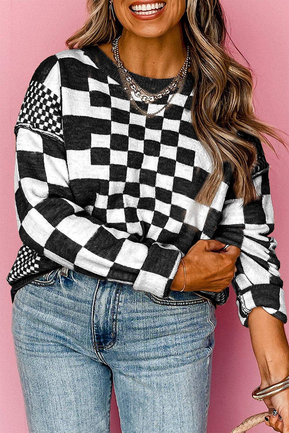 Black Checkered Print Drop Shoulder Round Neck Sweater Top Kittybear Krafts