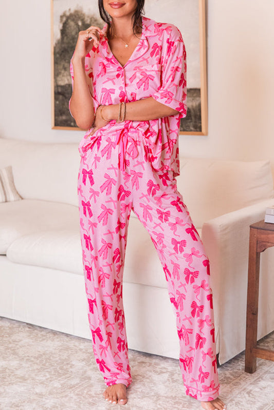 Pink Bow Knot Print Lapel Collar Short Sleeve and Pajamas Set Kittybear Krafts