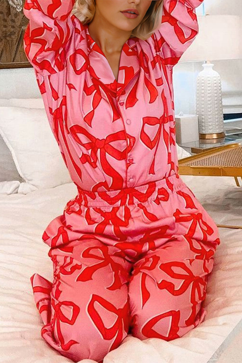 Pink 2pcs Bow Print Shirt Style Long Sleeve Pajama Set Kittybear Krafts