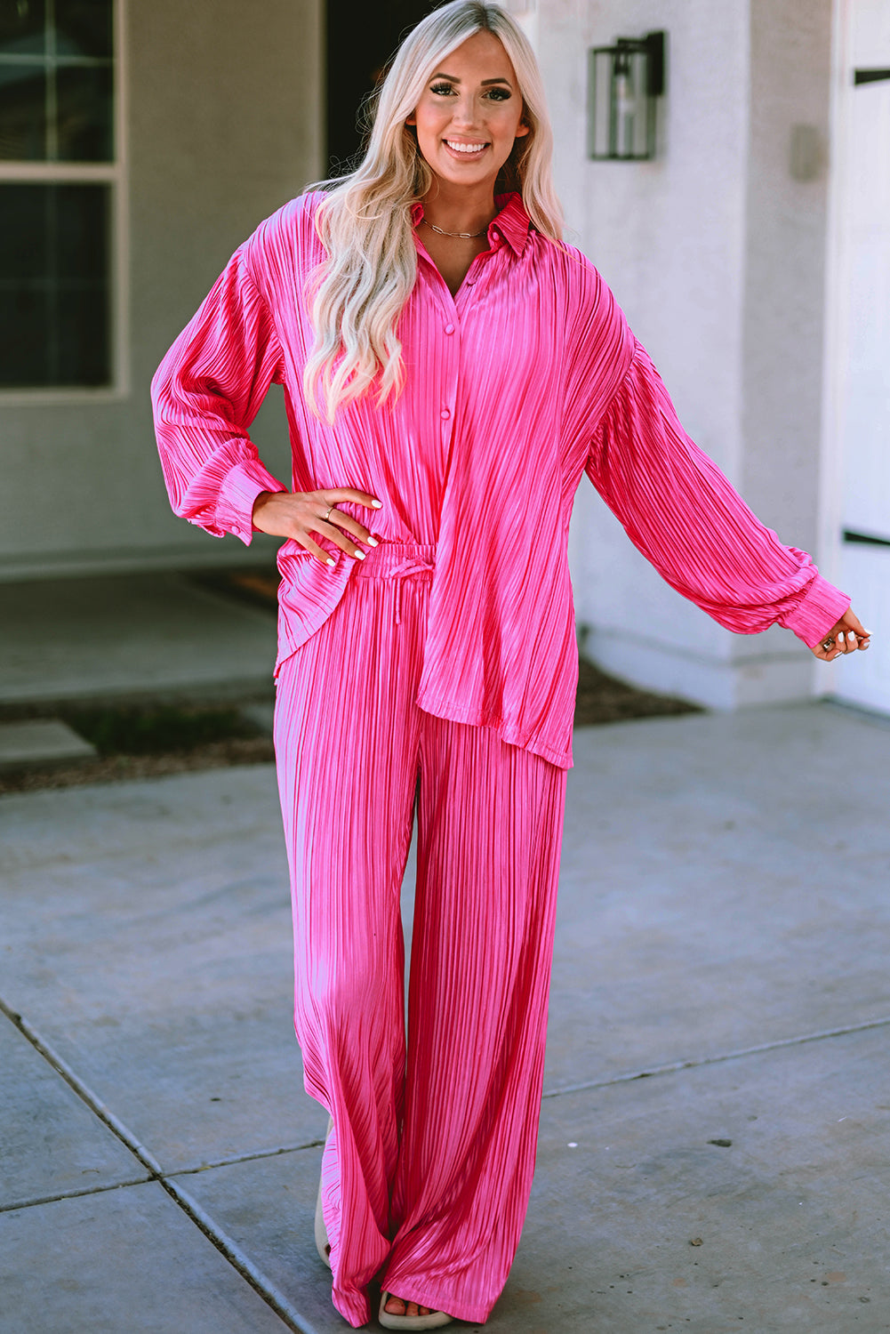 Rose Pleated Long Sleeve Shirt and Wide-Leg Pants Set Kittybear Krafts
