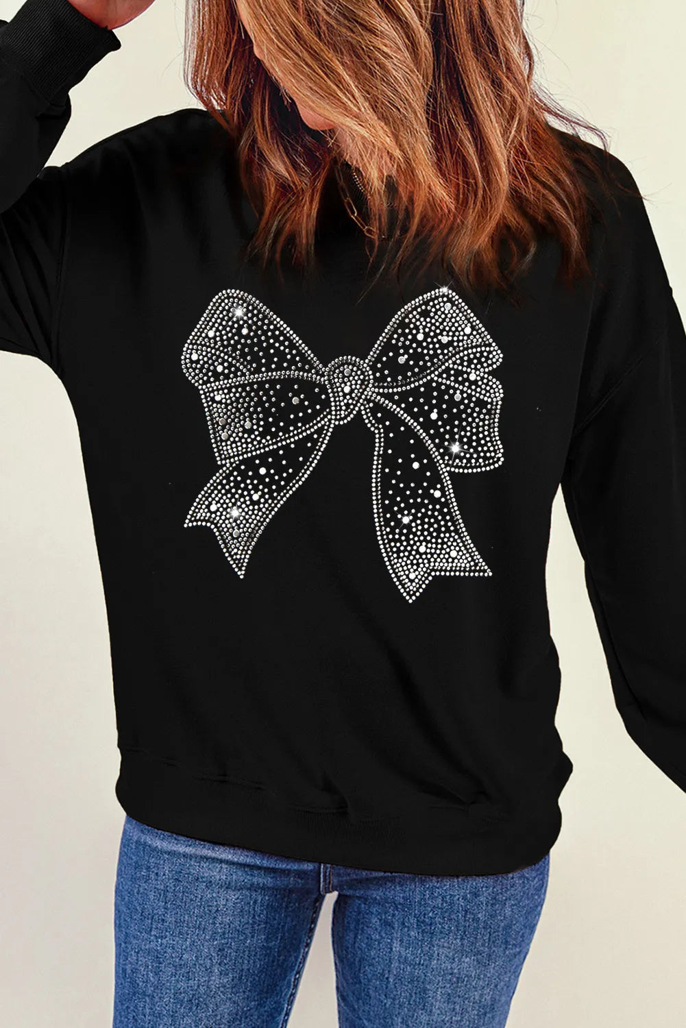 Rhinestone Bow Round Neck Long Sleeve Sweatshirt Trendsi