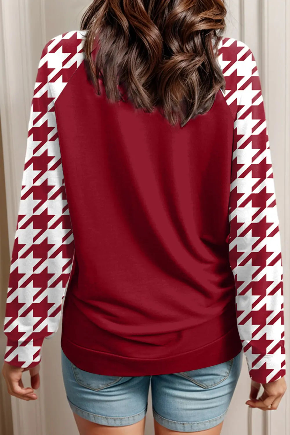 Alabama Houndstooth Elephant Graphic Football Round Neck Long Sleeve T Shirt - Kittybear Krafts